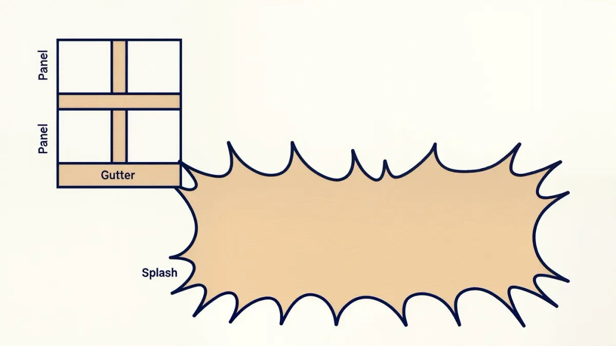 Simple infographic diagram explaining panels, gutters and splash pages