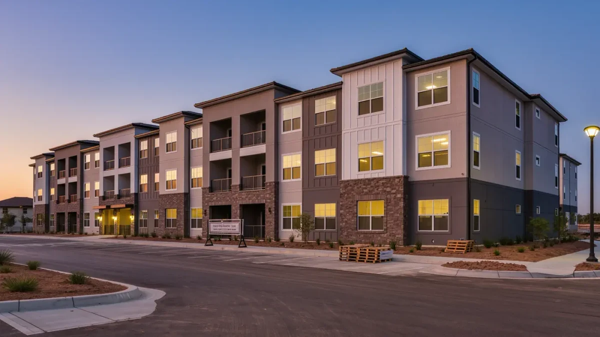Newly built apartment buildings standing half empty at dusk