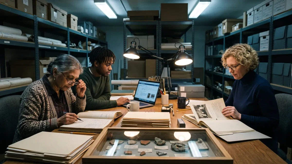 Provenance researchers of varied ages examining archives and object drawers