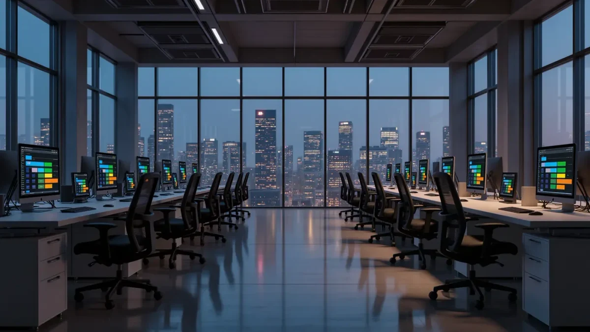 Empty office desks with a data table on a monitor