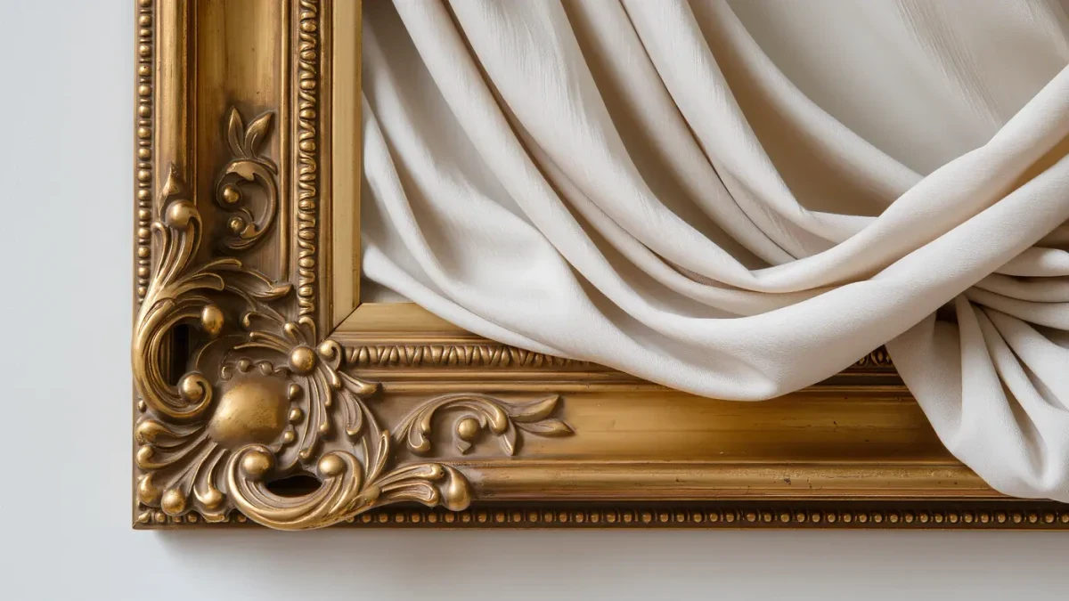 Close-up of pale silk gathered inside a heavy gilt picture-frame corner