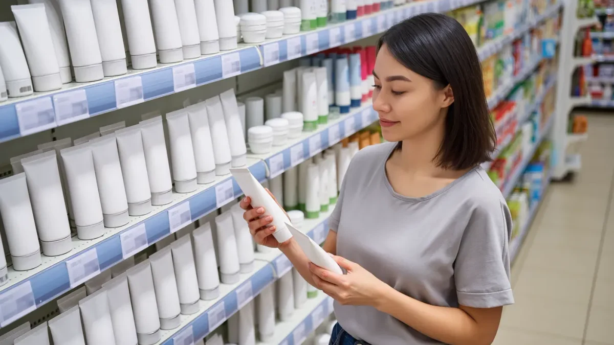 woman comparing two sunscreen bottles in a pharmacy aisle