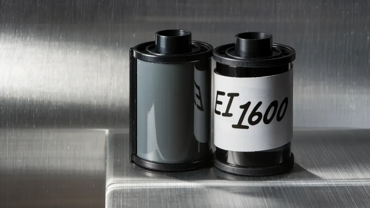 Two black film cassettes on steel with a hand-labeled exposure tape