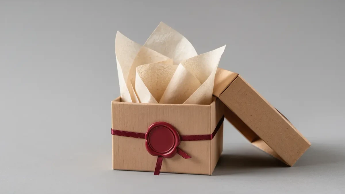Close-up of a kraft craft box with tissue and a wax seal