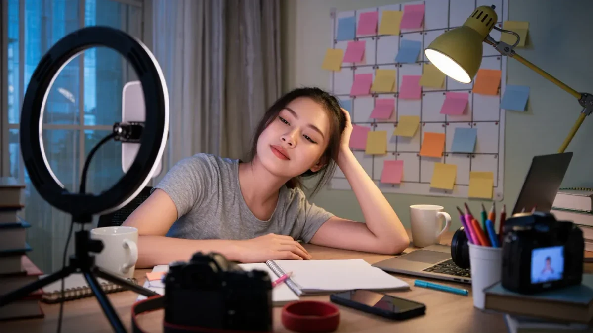 Tired creator resting head on desk beside ring light