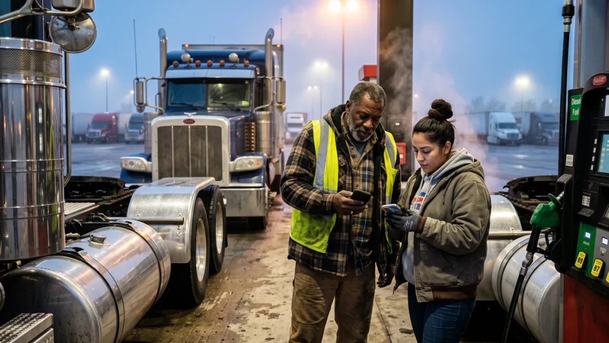 Truckers at a diesel island reviewing rate boards on phones
