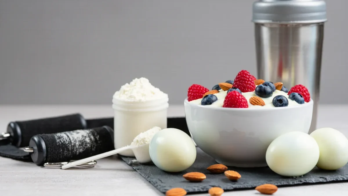 Close-up of a protein-rich recovery meal beside lifting straps
