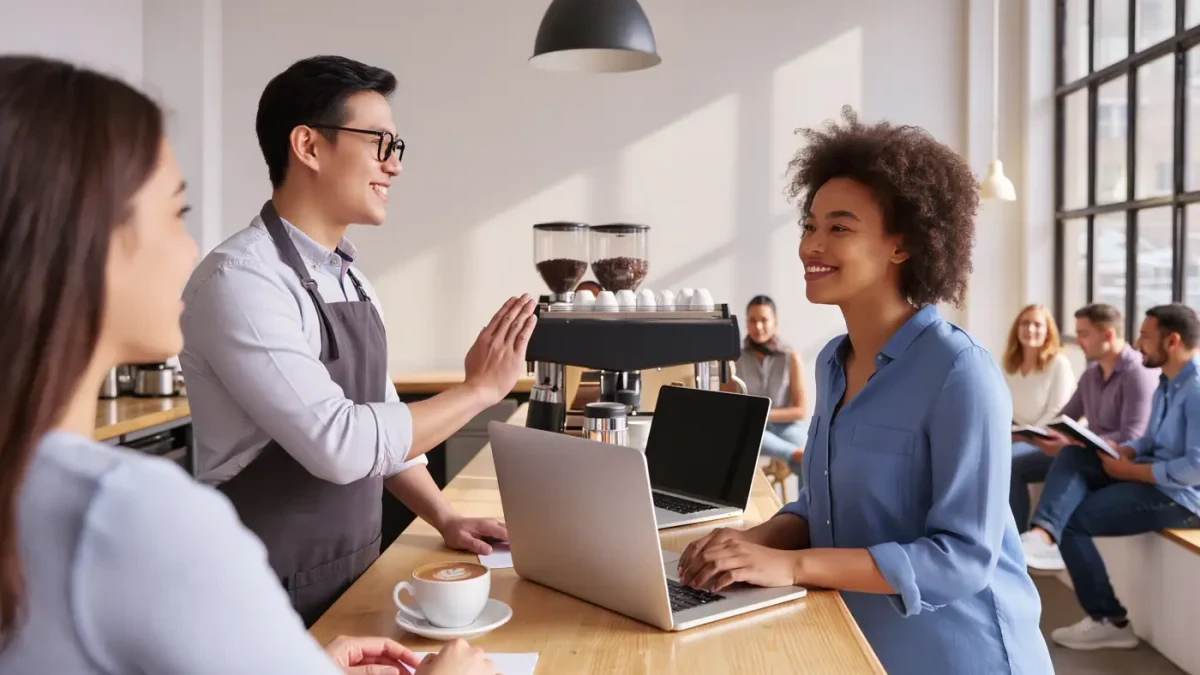 Barista and customer signing across a coffee shop counter