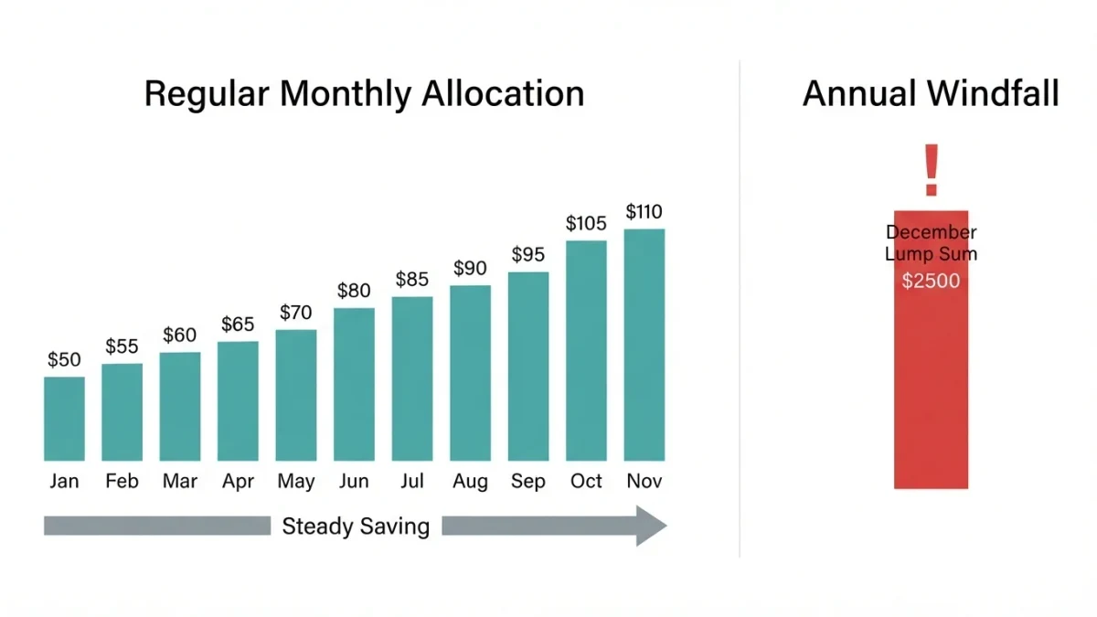 Infographic contrasting $136 saved monthly against a December lump sum