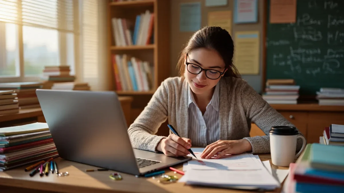Teacher reviewing AI-generated lesson materials at her desk