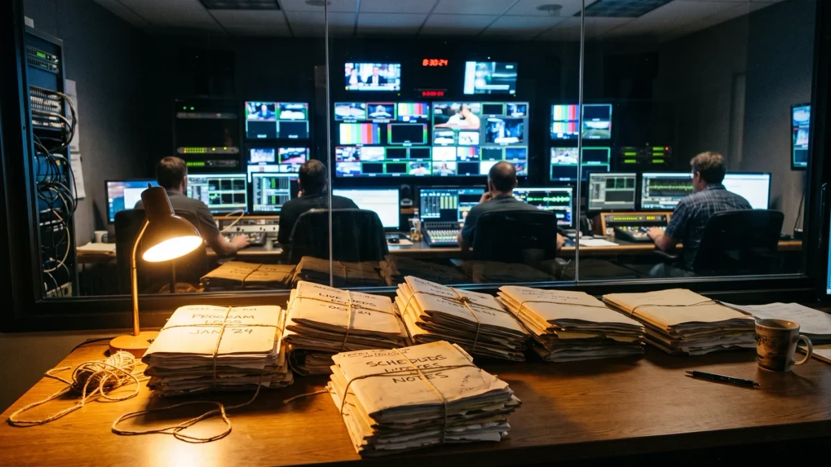 Stack of disclosure filings beside a broadcast control desk
