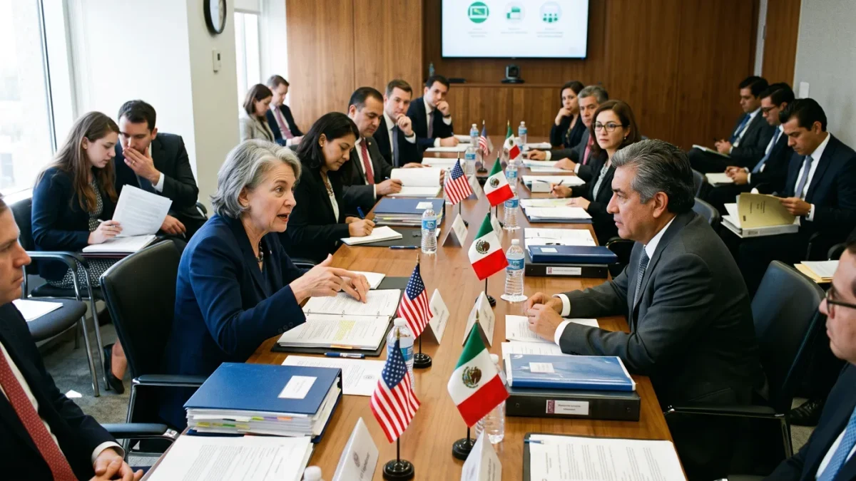 Negotiators reviewing documents at a long table during a trade round