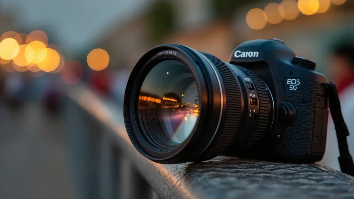 Professional camera with long lens close-up at a venue barrier