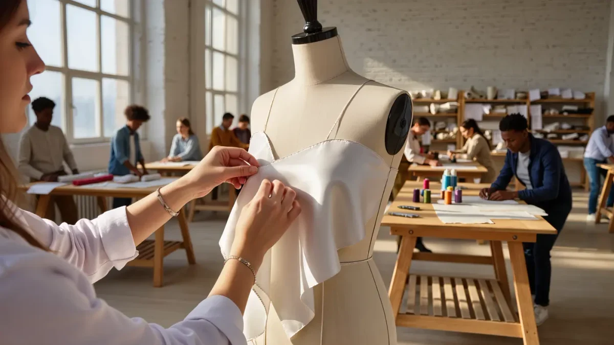 Designer pinning fabric on a dress form in a sunlit Paris studio