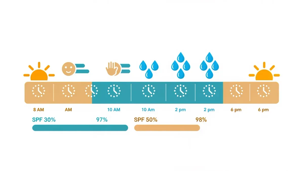 Infographic timeline showing morning sunscreen application and two hour reapplication points