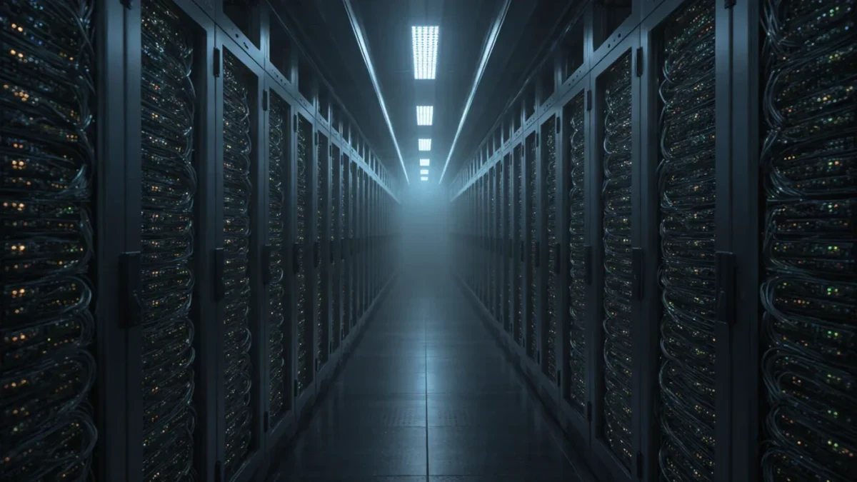 Deserted server corridor lit by status lights at night
