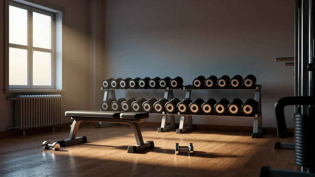 Quiet gym corner with light dumbbells racked in morning light