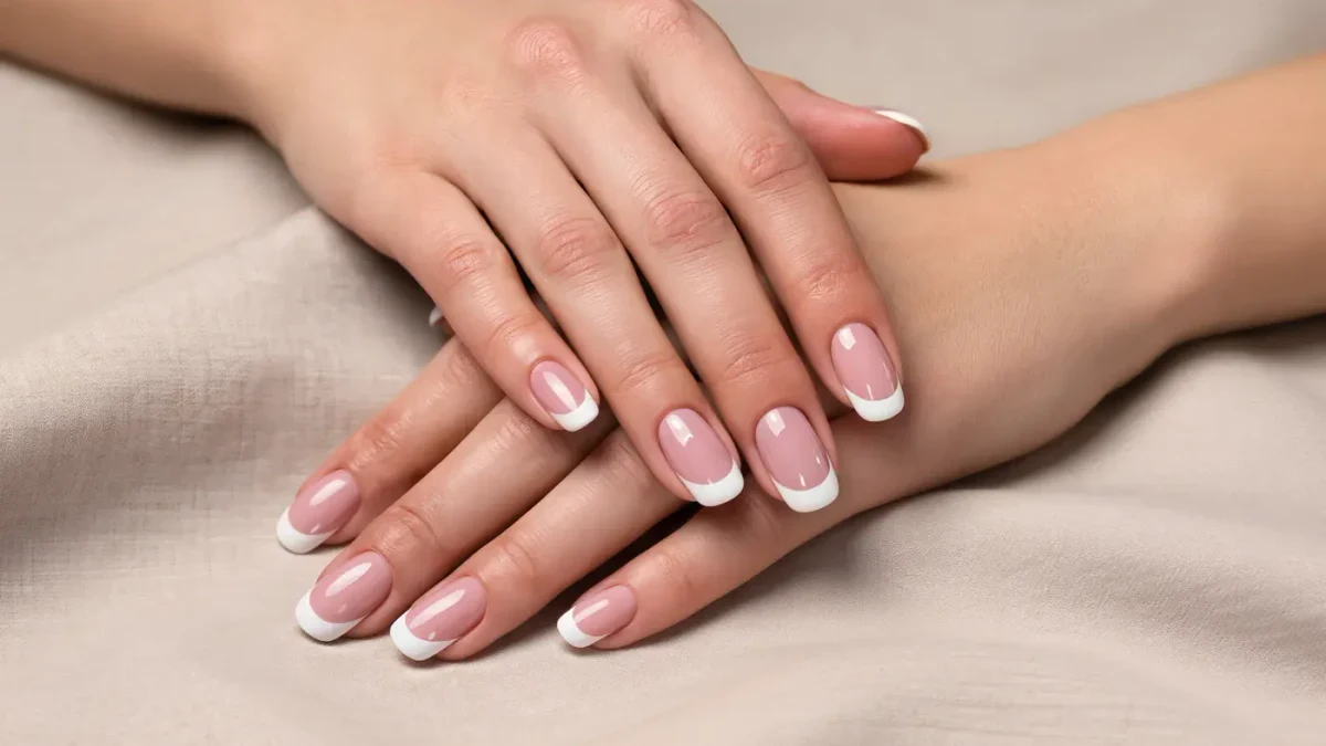 Close-up of hands with a modern french manicure resting on a pale linen surface
