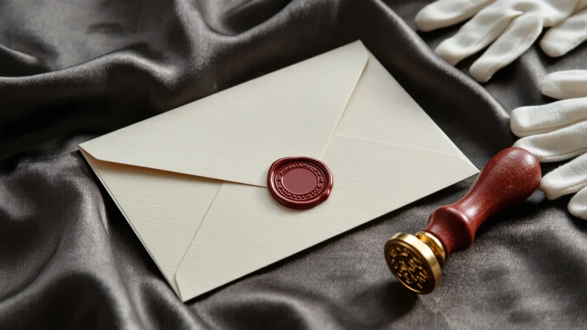 Macro of a sealed awards nomination envelope with wax stamp and archival gloves on silk