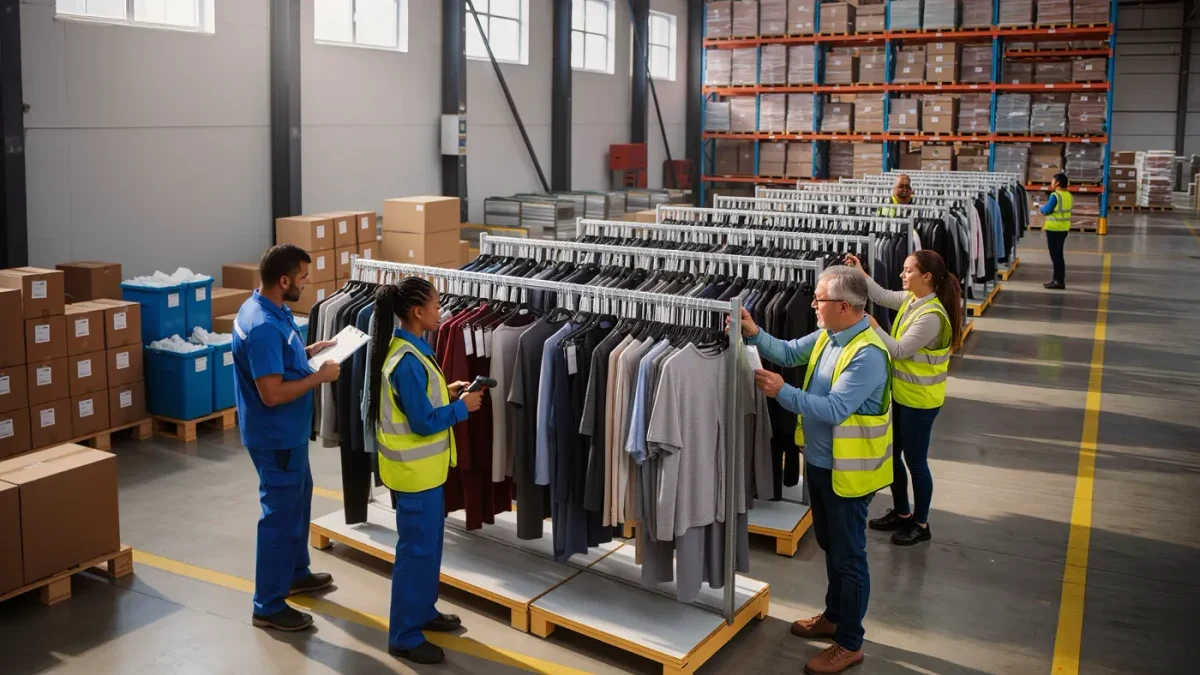 Clothing rack in a bright warehouse with workers scanning garment tags at a distribution hub