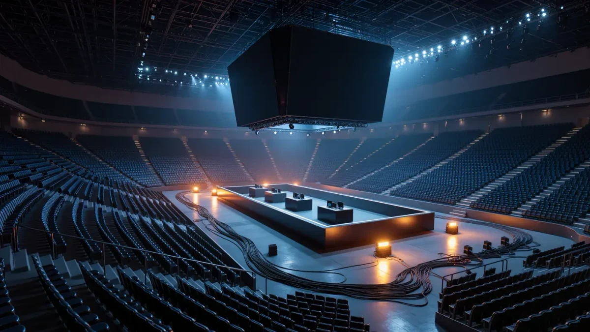 Empty esports arena stage with rows of seats