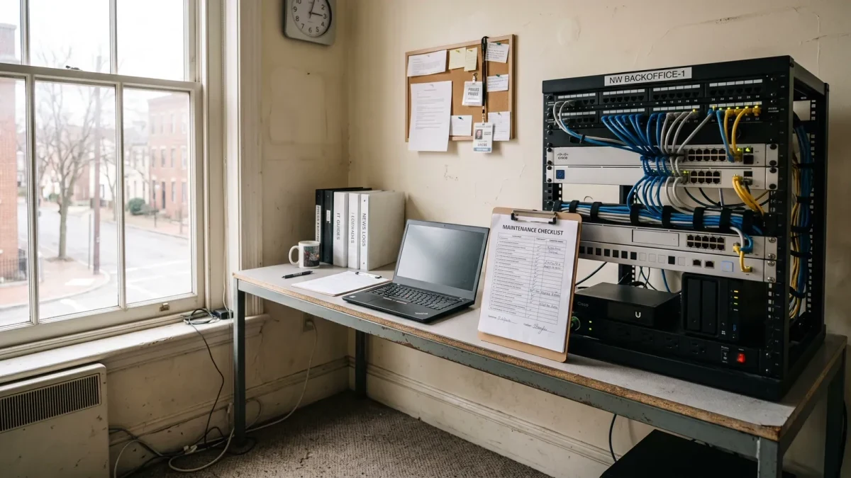 Photojournalistic scene of a small server rack and work laptop in a tidy back office