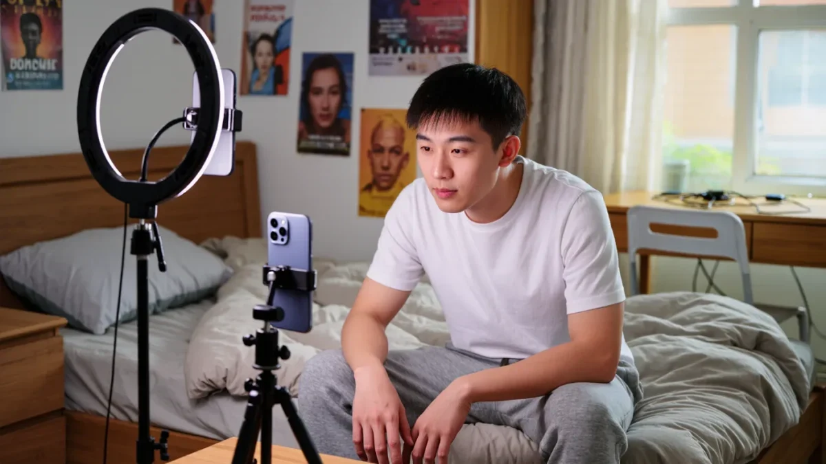 Young creator recording a solemn apology on camera in a bedroom studio