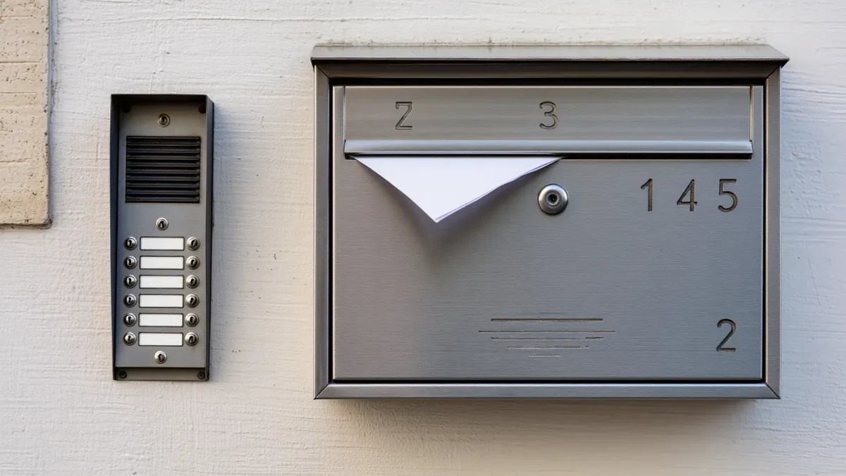 Close-up of a push-button mailbox panel at an apartment building