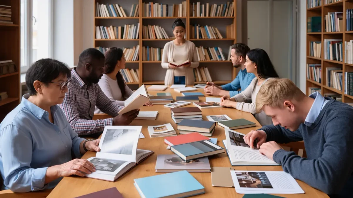 Readers examining small photobooks around a museum study room table