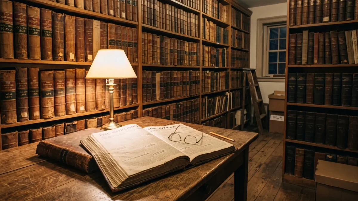 Old bound newspaper volumes stacked in a quiet archive room