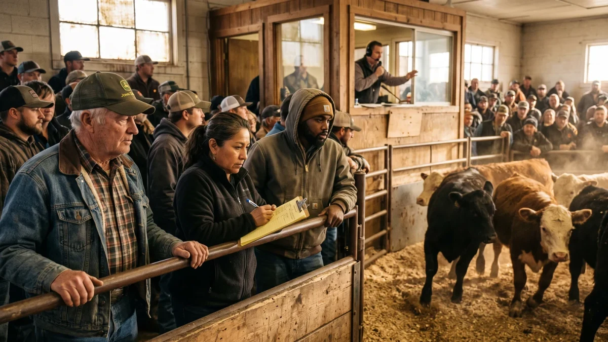 Cattle moving through an auction barn ring