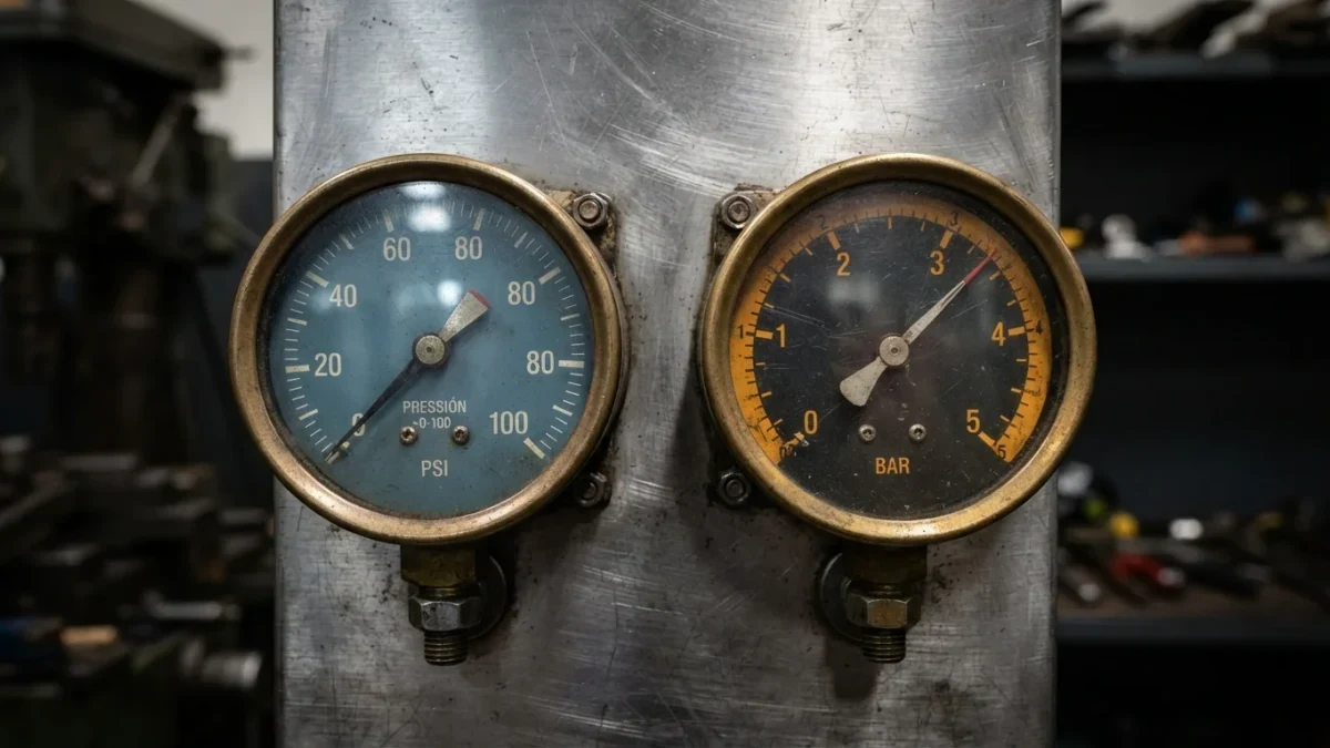 Close-up of two industrial pressure gauges side by side