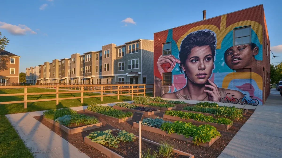 Community garden and homes on a reclaimed urban neighborhood block