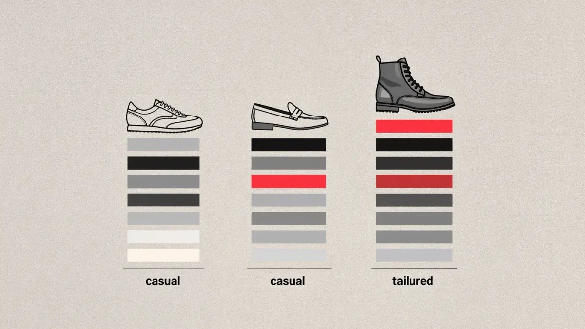 Infographic comparing outfit registers built from three foundation shoes