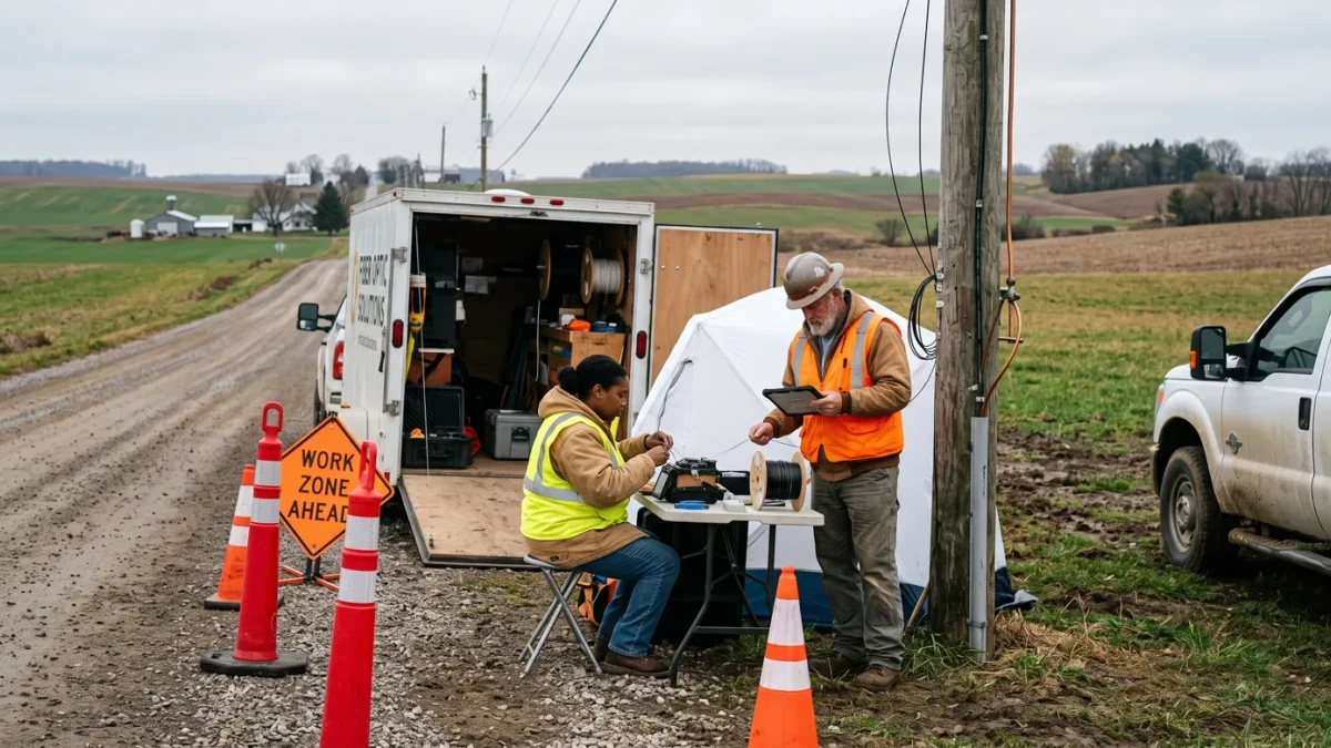 Fiber crew splicing cable on a pole beside a country road