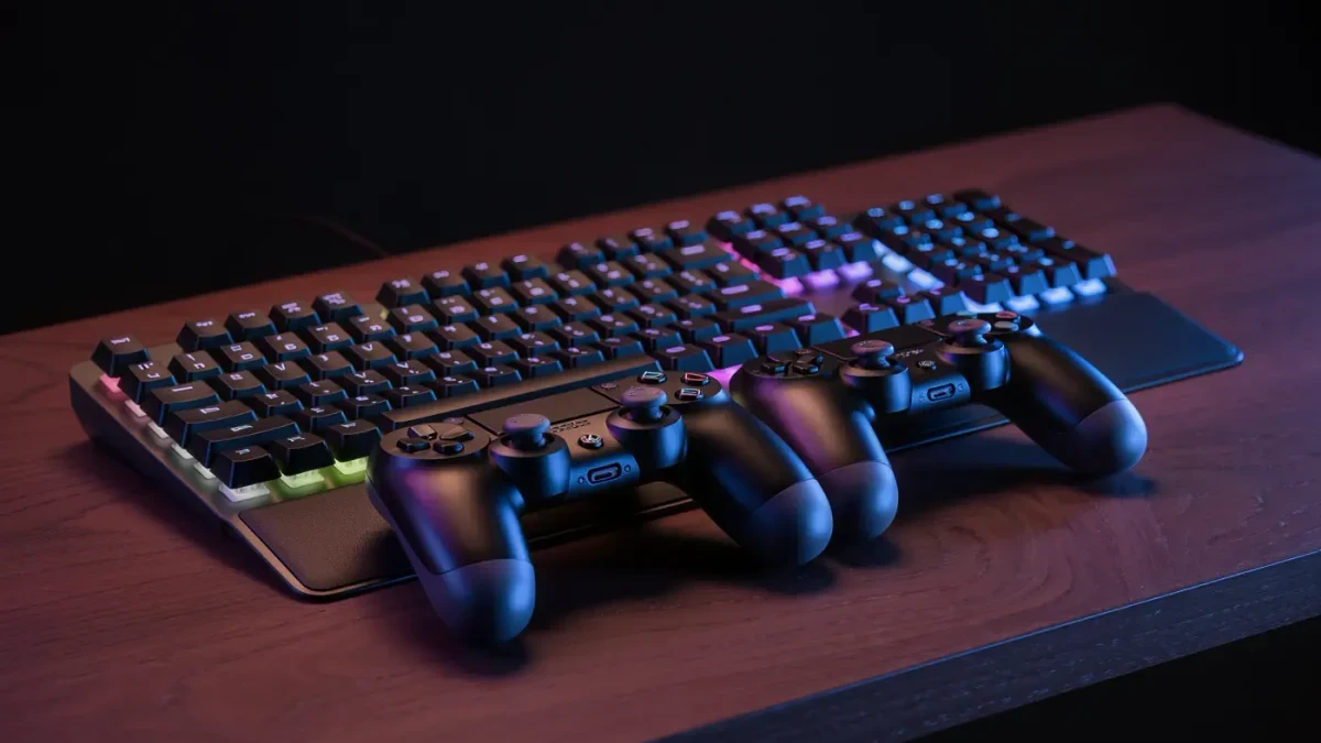 Controller and keyboard side by side on a desk