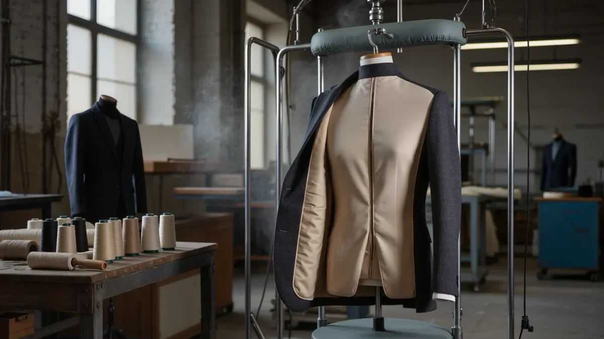 Tailoring workshop pressing table with a half-turned jacket showing its smooth champagne lining