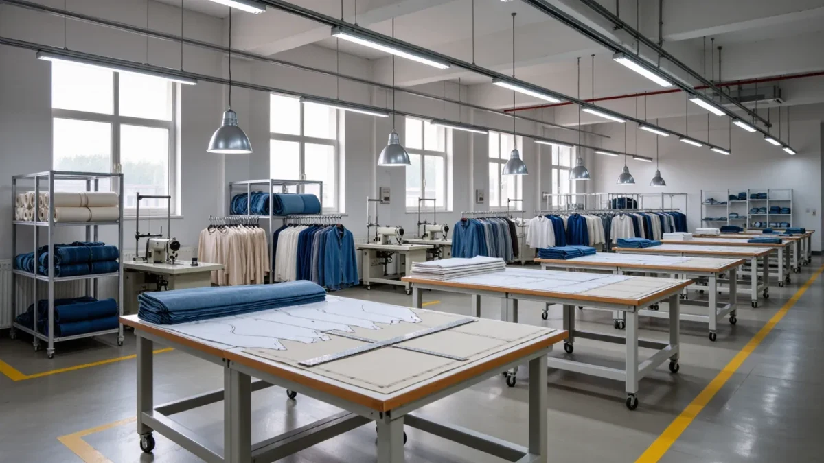 Apparel factory cutting tables with fabric bolts and garment racks