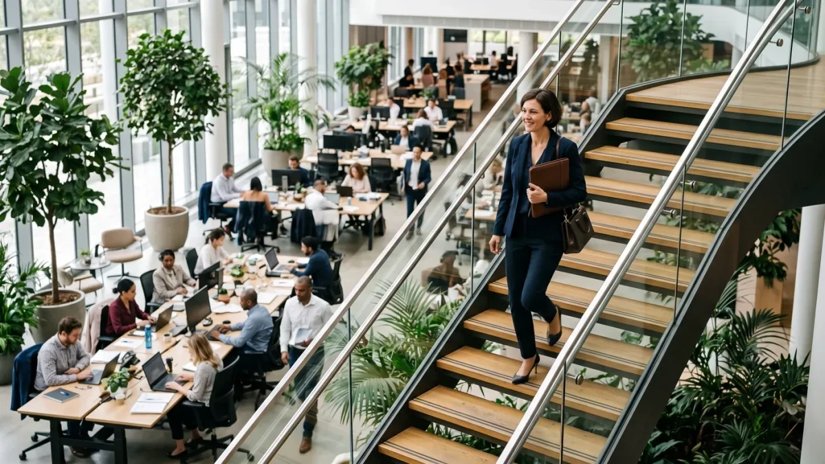 Executive walking through an office lobby above employees at desks