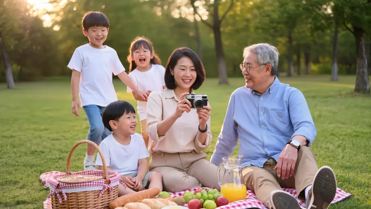 Family passing a compact film camera across a picnic table in golden light