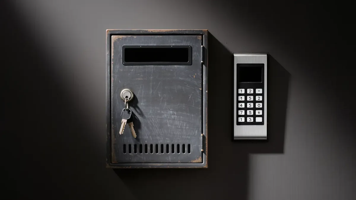 Close-up of a coded key lockbox mounted beside an entrance door