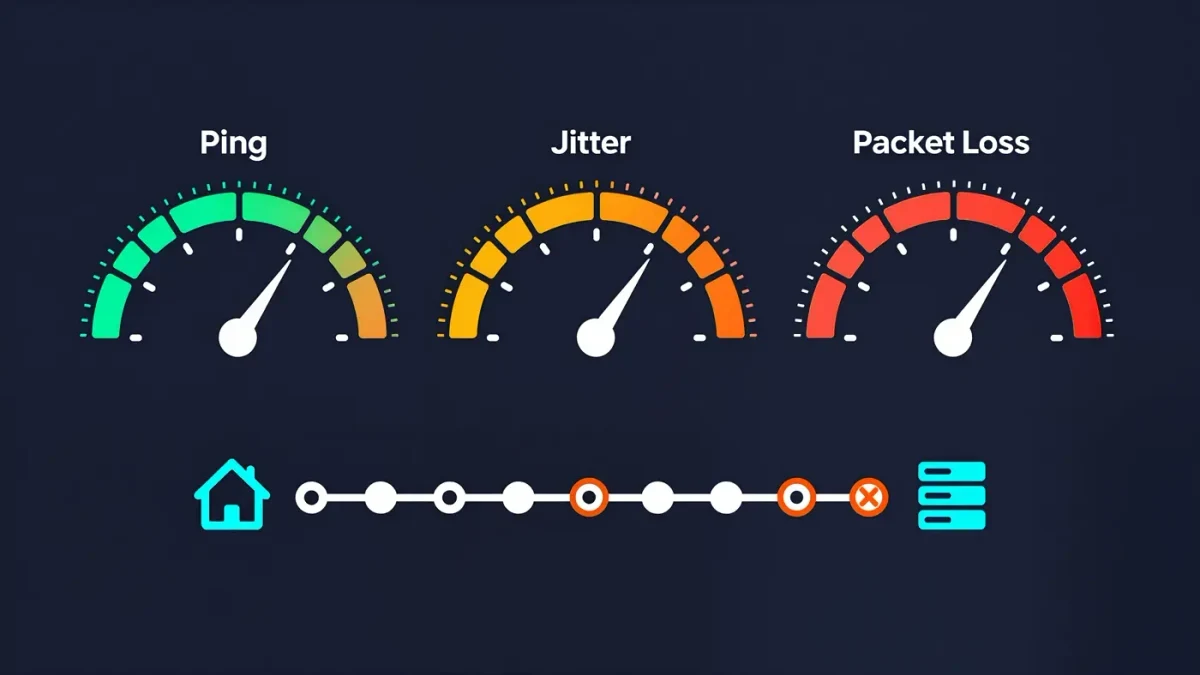 Infographic showing ping, jitter and packet loss as separate meters