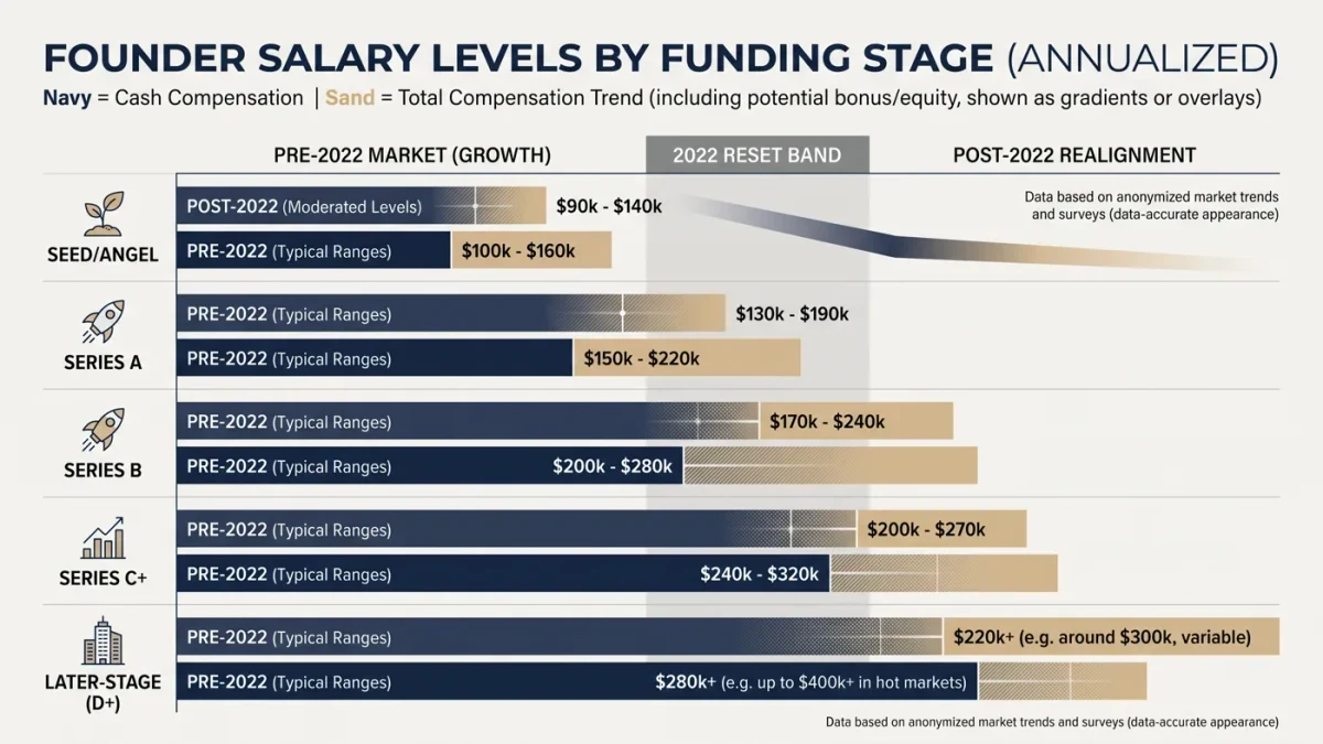 Chart of founder salary versus funding stage with downturn reset