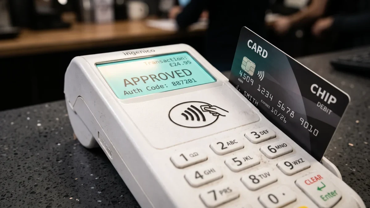Card terminal close-up mid-transaction