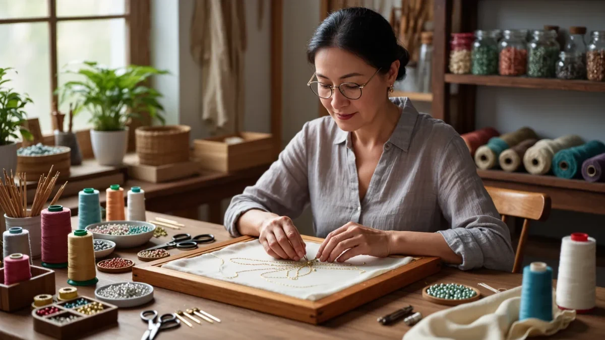 Embroiderer applying beadwork to fabric frame in atelier