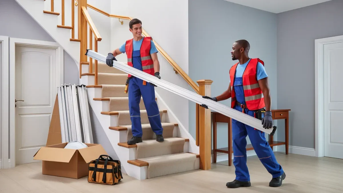 Two installers carrying a stairlift rail section upstairs