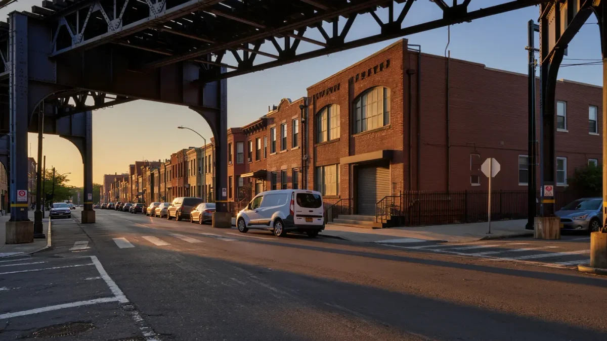 Row houses and elevated tracks in Ridgewood at dusk