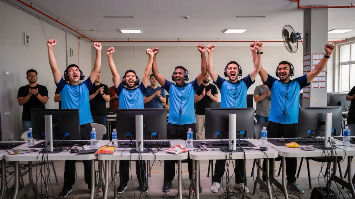 Amateur roster celebrating a qualifier win at a small LAN