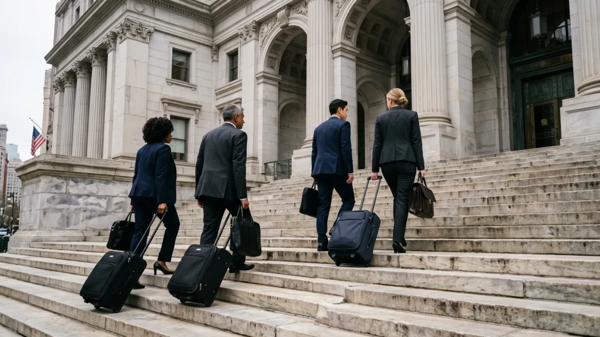 Lawyers ascending the Supreme Court steps at dawn