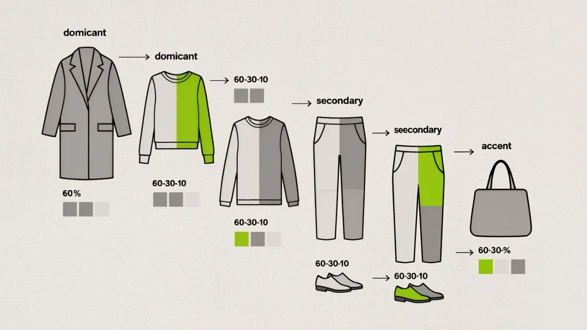 Infographic showing an outfit palette split into dominant, secondary, and accent colors